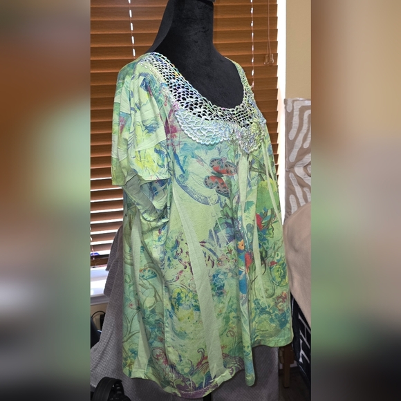 (D) Olivia Page Floral Lace Trim Top - Green - Picture 2 of 8